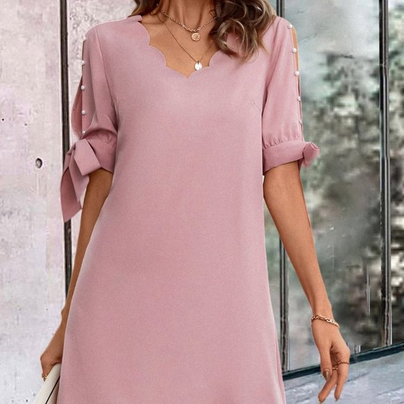 Pink Casual Womens Pearls Beaded Scallop Trim Knot Cuff Tunic Dress - Picture 2 of 5